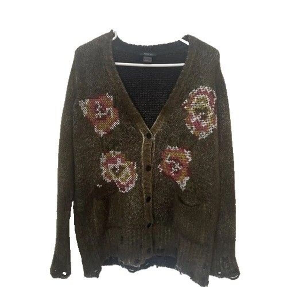 Avant Toi Women’s Distressed Green Rose Embroidery Burnout Cardigan Sweater XS